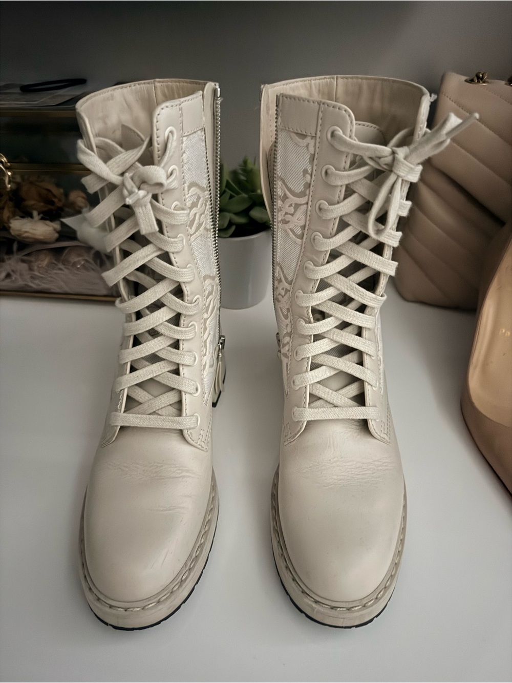 Fendi Cream Lace-Up Combat Boots